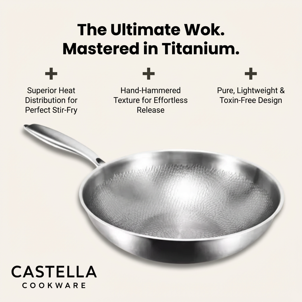 Titanium Wok Pan with Flat Bottom + FREE Lid for Versatile Cooking